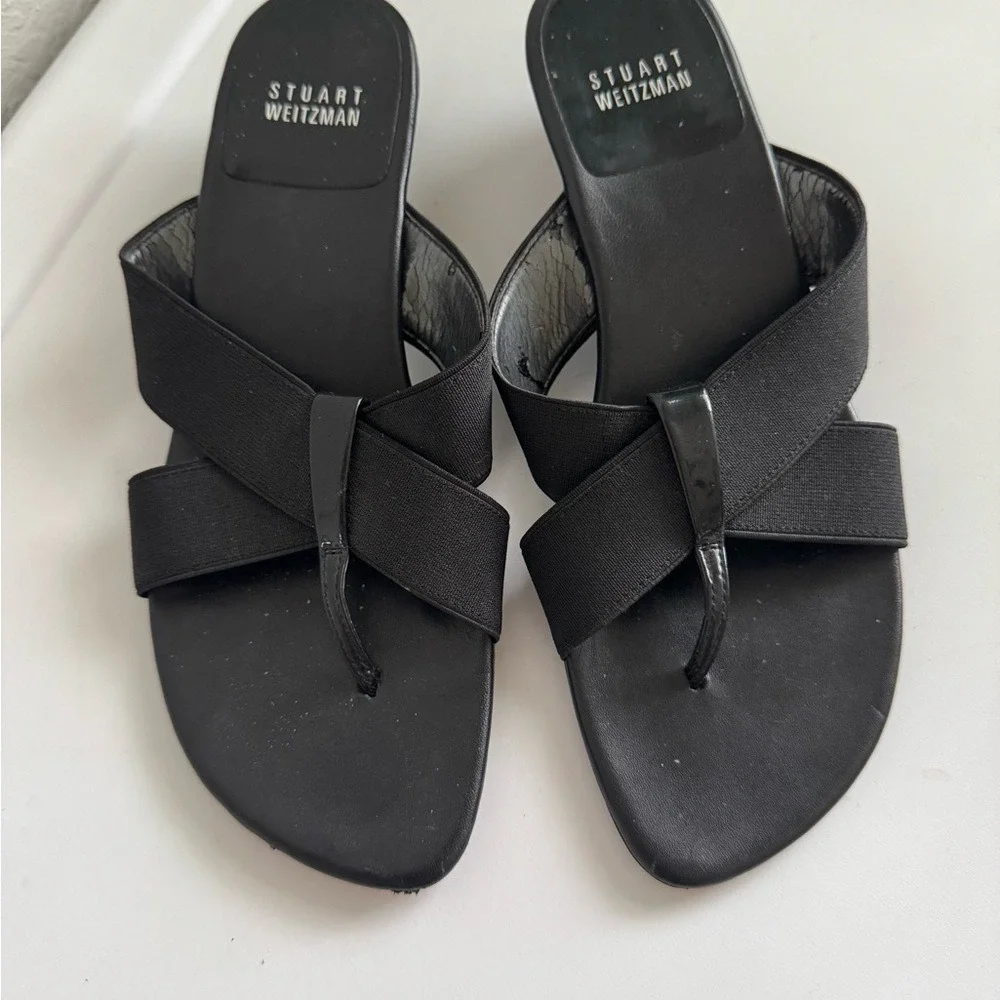 Stuart Weitzman Patent‎ Leather Elastic Wedge Sandals Size 7 W Box Ret $285
